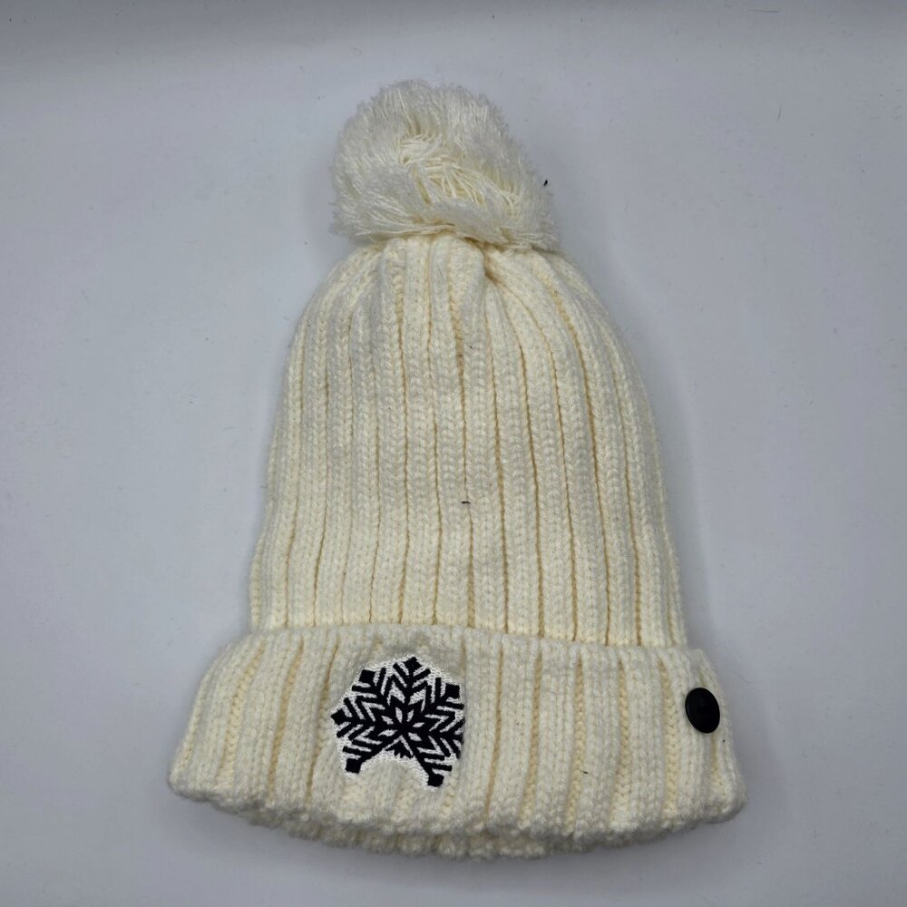 The Winter Brand Womens White Snowflake Pom Beanie Hat Casual Winter Warm